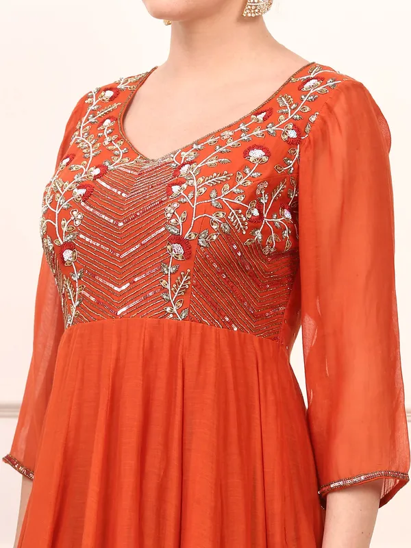 Rust_Orange_Embroidered_Anarkali_Suit_Set_Fla_Design_With_Dupatta_For_Women