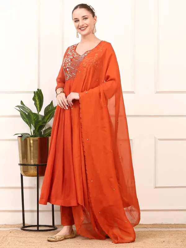 Rust_Orange_Embroidered_Anarkali_Suit_Set_Fla_Design_With_Dupatta_For_Women