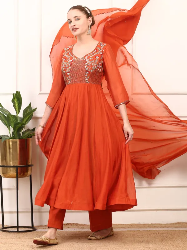 Rust_Orange_Embroidered_Anarkali_Suit_Set_Fla_Design_With_Dupatta_For_Women
