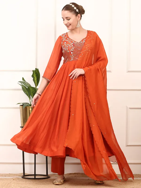 Rust_Orange_Embroidered_Anarkali_Suit_Set_Fla_Design_With_Dupatta_For_Women