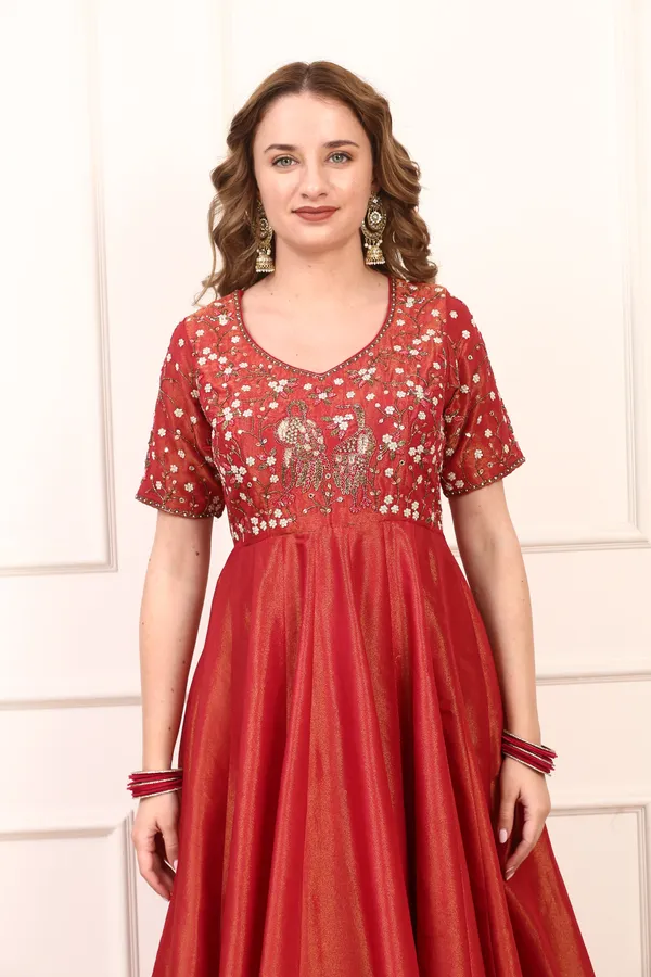 Red_Shimmer_Silk_Embroidered_Anarkali_Dress_Set_With_Organza_Dupatta_For_Women