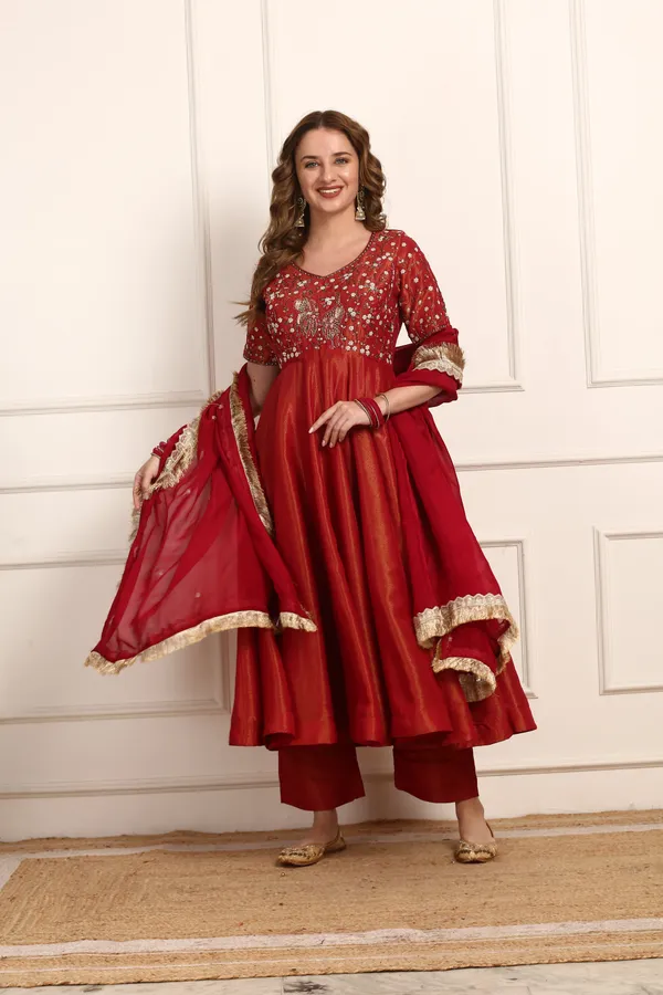 Red_Shimmer_Silk_Embroidered_Anarkali_Dress_Set_With_Organza_Dupatta_For_Women