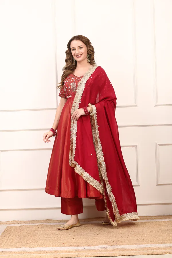 Red_Shimmer_Silk_Embroidered_Anarkali_Dress_Set_With_Organza_Dupatta_For_Women