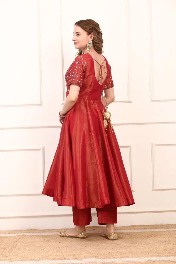 Red_Shimmer_Silk_Embroidered_Anarkali_Dress_Set_With_Organza_Dupatta_For_Women