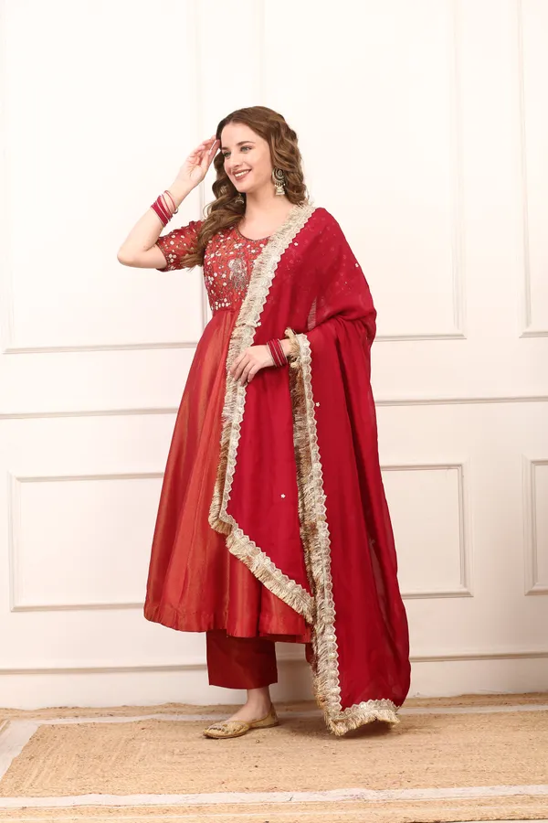 Red_Shimmer_Silk_Embroidered_Anarkali_Dress_Set_With_Organza_Dupatta_For_Women