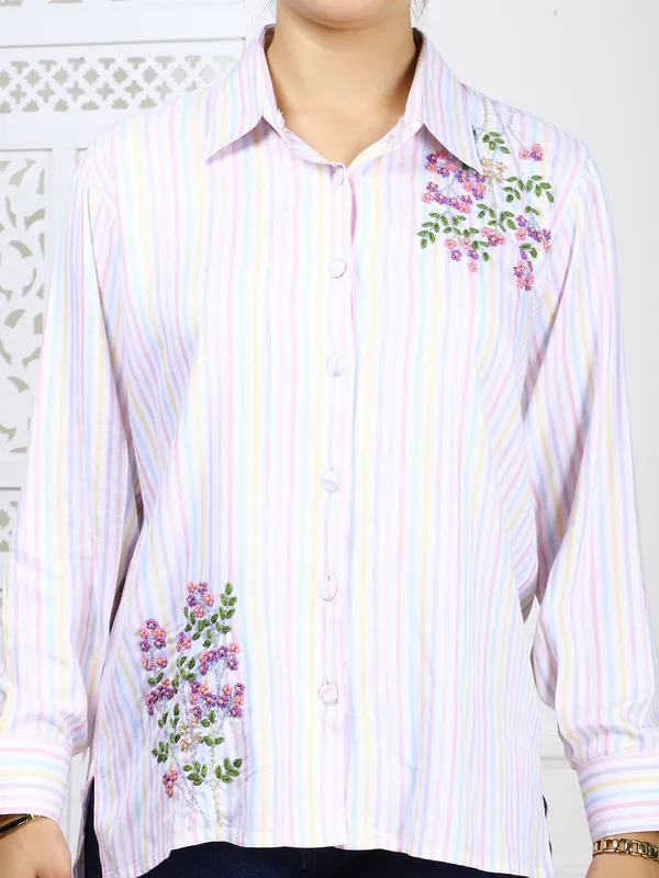 White_Striped_Cotton_Twill_Hand_Embroidered_Shirt_For_Women