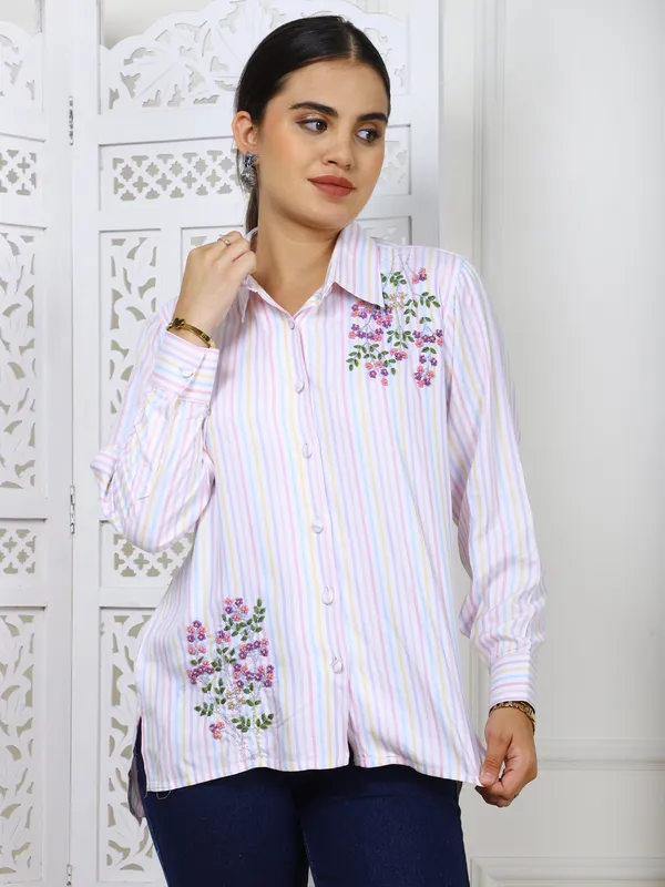 White_Striped_Cotton_Twill_Hand_Embroidered_Shirt_For_Women