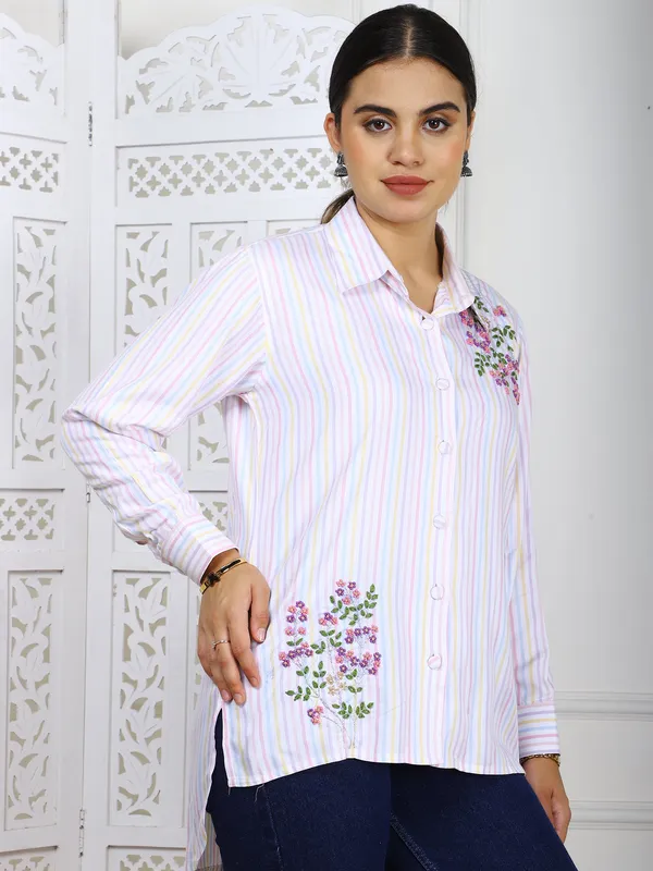 White_Striped_Cotton_Twill_Hand_Embroidered_Shirt_For_Women