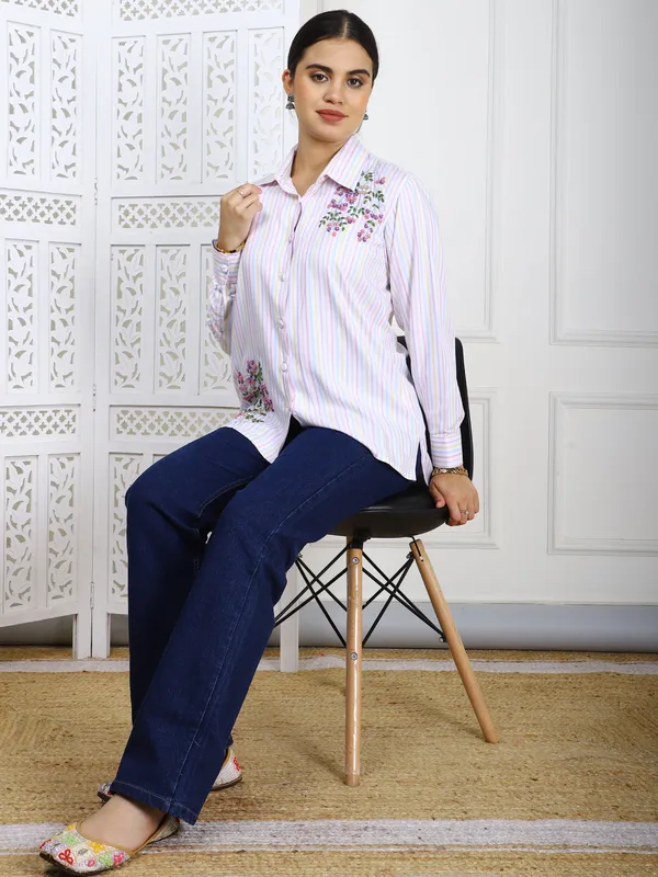 White_Striped_Cotton_Twill_Hand_Embroidered_Shirt_For_Women