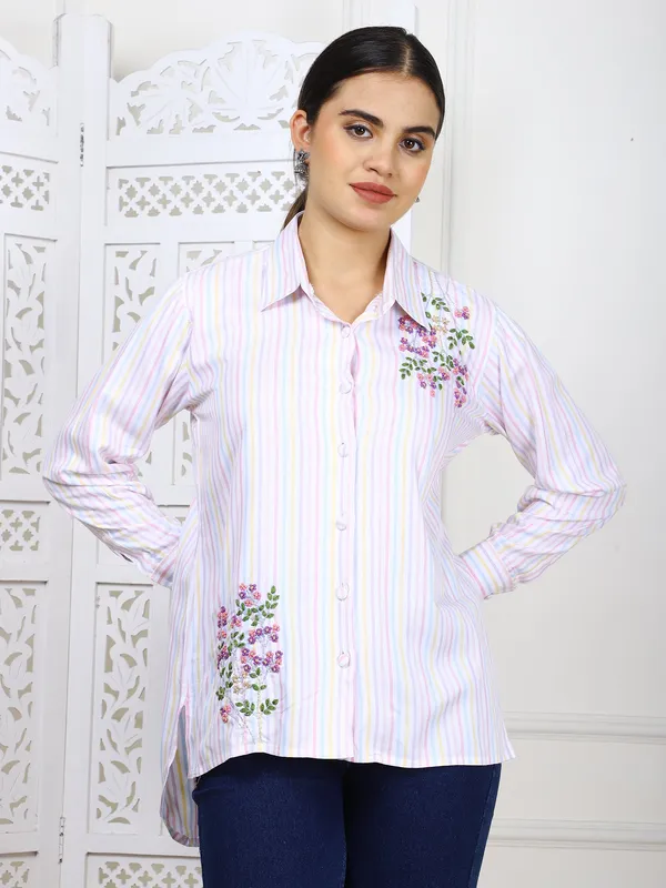 White_Striped_Cotton_Twill_Hand_Embroidered_Shirt_For_Women