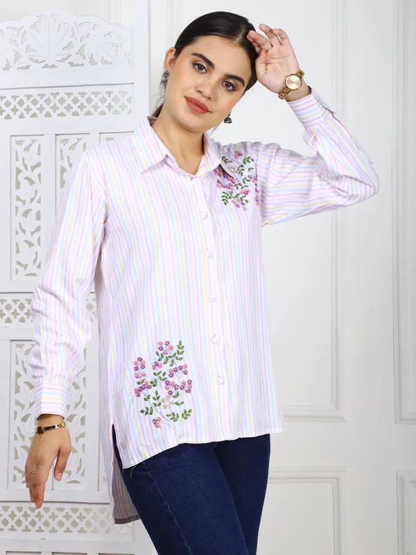 White_Striped_Cotton_Twill_Hand_Embroidered_Shirt_For_Women