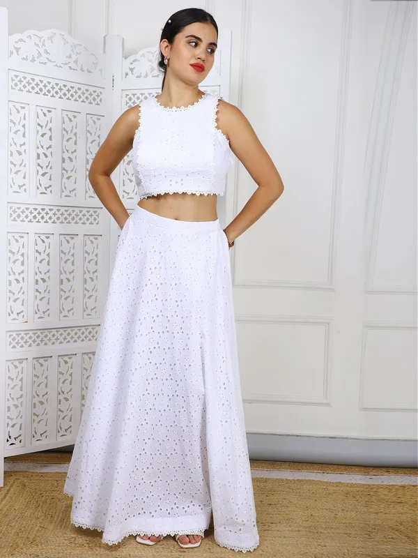 White_Cotton_Eyelet_Crop_Top_Skirt_Set_Elegant_Embroidered_Casual_Outfit_For_Women