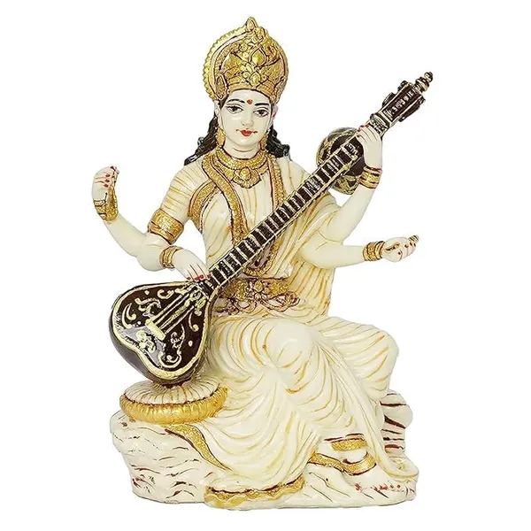 Marble_Dust_Saraswati_Idol_For_Home_Puja_I_Veena_I_Sarasvati_Statue_I_Living_Room_I_Guest_Room_I_Office_Table_I_Showpiece_I_Gifts_I_Home_Decor_I_Pooja_Room_6Inch_White