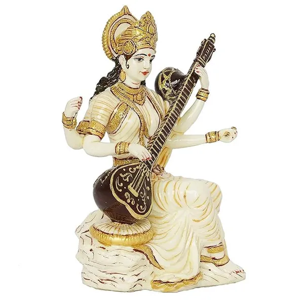 Marble_Dust_Saraswati_Idol_For_Home_Puja_I_Veena_I_Sarasvati_Statue_I_Living_Room_I_Guest_Room_I_Office_Table_I_Showpiece_I_Gifts_I_Home_Decor_I_Pooja_Room_6Inch_White