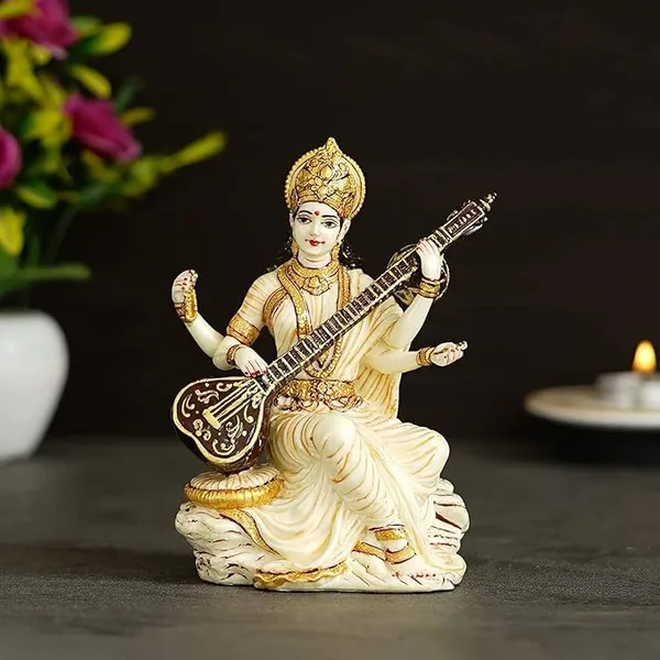 Marble_Dust_Saraswati_Idol_For_Home_Puja_I_Veena_I_Sarasvati_Statue_I_Living_Room_I_Guest_Room_I_Office_Table_I_Showpiece_I_Gifts_I_Home_Decor_I_Pooja_Room_6Inch_White