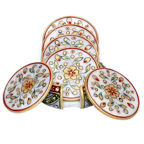 Marble_Tea_Coaster_Set_For_Home_Dining_Table_Office_Desk_6_Coaster_With_Holder_Floral_Painting