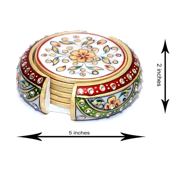 Marble_Tea_Coaster_Set_For_Home_Dining_Table_Office_Desk_6_Coaster_With_Holder_Floral_Painting