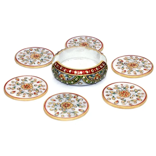 Marble_Tea_Coaster_Set_For_Home_Dining_Table_Office_Desk_6_Coaster_With_Holder_Floral_Painting