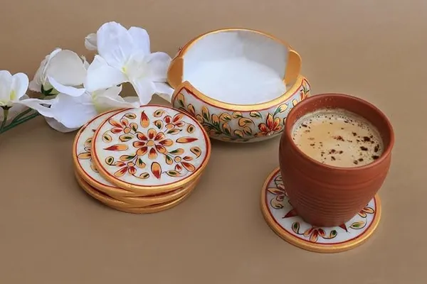 Marble_Tea_Coaster_Set_For_Home_Dining_Table_Office_Desk_6_Coaster_With_Holder_Floral_Painting