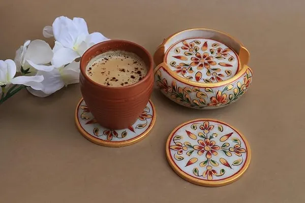 Marble_Tea_Coaster_Set_For_Home_Dining_Table_Office_Desk_6_Coaster_With_Holder_Floral_Painting