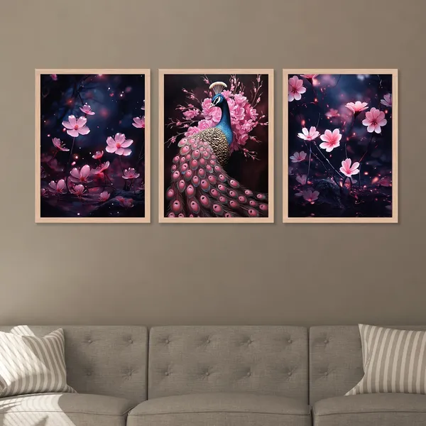 Pink_Flower_And_Peacock_Wall_Art