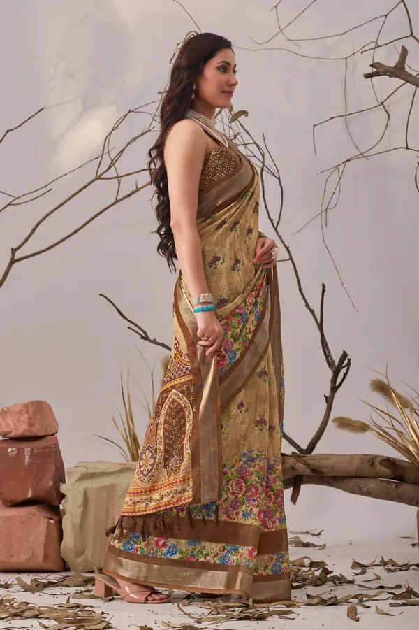 Light_Brown_Linen_Cotton_Saree_With_Elegant_Digital_Printed_Floral_Design