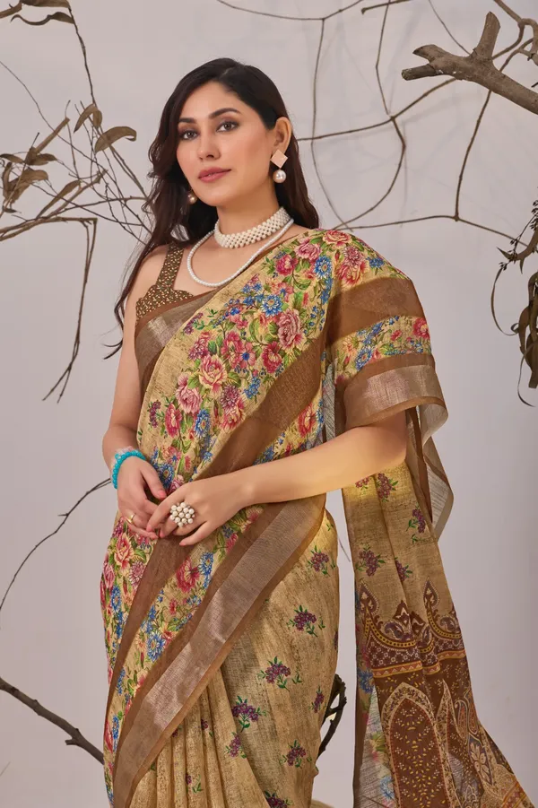 Light_Brown_Linen_Cotton_Saree_With_Elegant_Digital_Printed_Floral_Design
