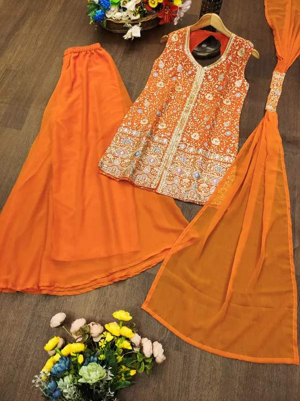 Orange_Embroidered_Kurti_Sharara_Set_With_Dupatta