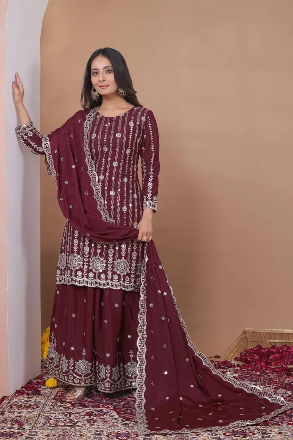 Maroon_Embroidered_Kurti_Sharara_Set_With_Dupatta