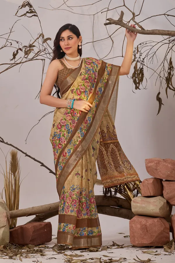 Light_Brown_Linen_Cotton_Saree_With_Elegant_Digital_Printed_Floral_Design