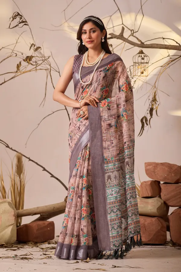 Dusty_Peach_Premium_Linen_Cotton_Saree_With_Elegant_Digital_Floral_And_Geometric_Print