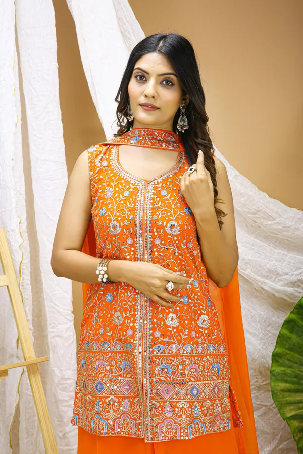 Orange_Embroidered_Kurti_Sharara_Set_With_Dupatta