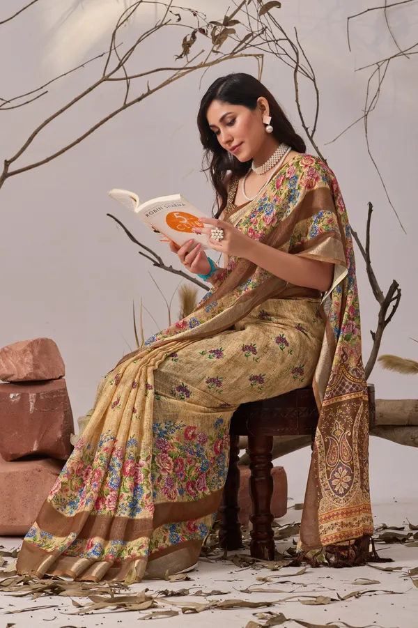 Light_Brown_Linen_Cotton_Saree_With_Elegant_Digital_Printed_Floral_Design