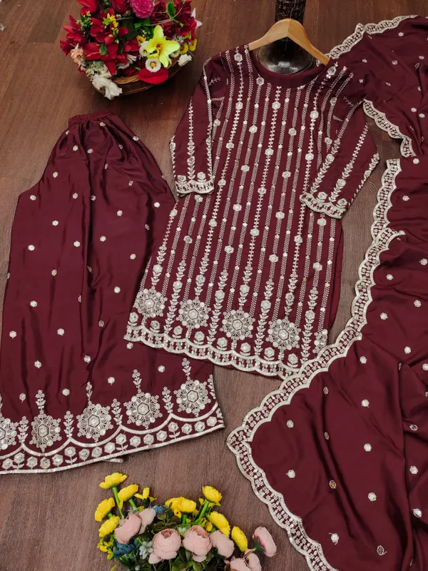 Maroon_Embroidered_Kurti_Sharara_Set_With_Dupatta