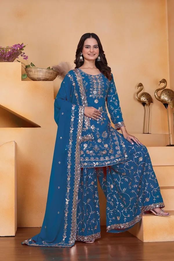 Peacock_Blue_Embroidered_Kurti_Sharara_Set_With_Dupatta