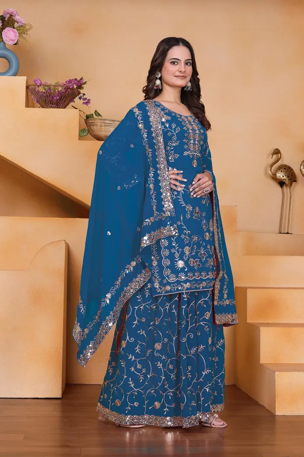 Peacock_Blue_Embroidered_Kurti_Sharara_Set_With_Dupatta