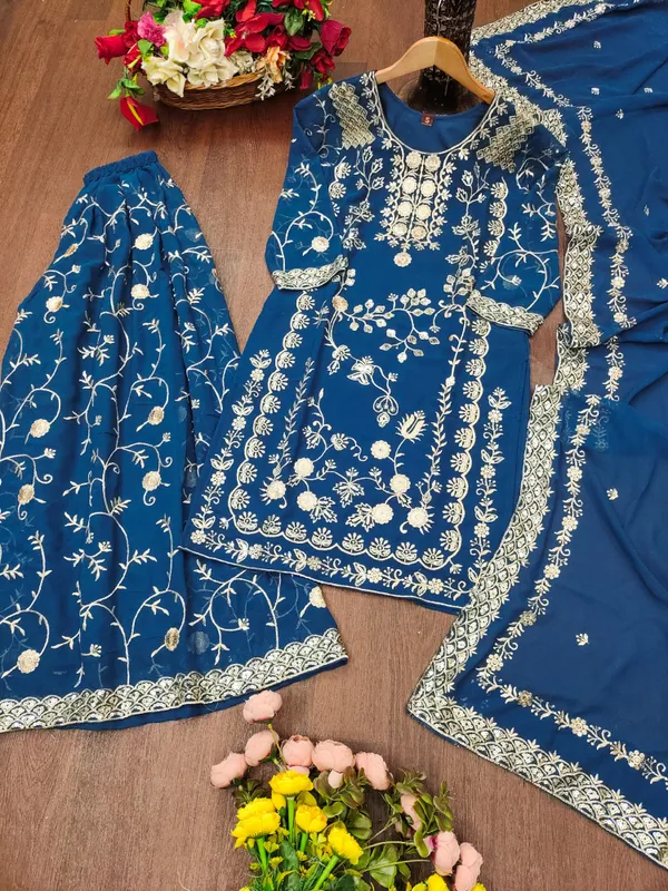 Peacock_Blue_Embroidered_Kurti_Sharara_Set_With_Dupatta