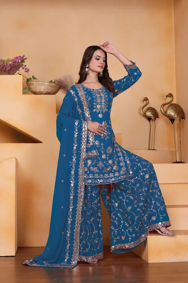 Peacock_Blue_Embroidered_Kurti_Sharara_Set_With_Dupatta