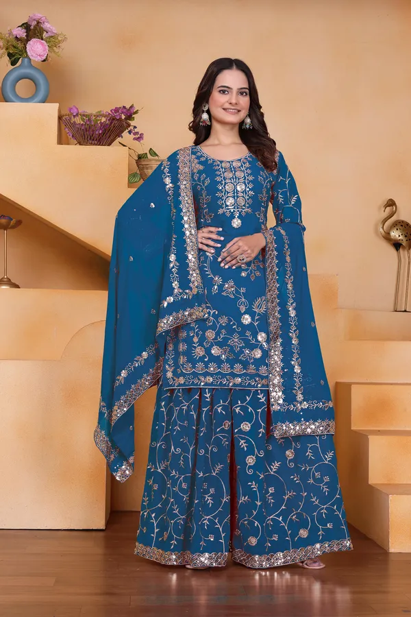 Peacock_Blue_Embroidered_Kurti_Sharara_Set_With_Dupatta