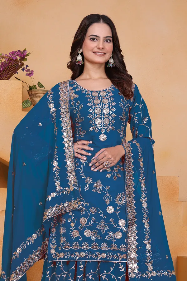 Peacock_Blue_Embroidered_Kurti_Sharara_Set_With_Dupatta