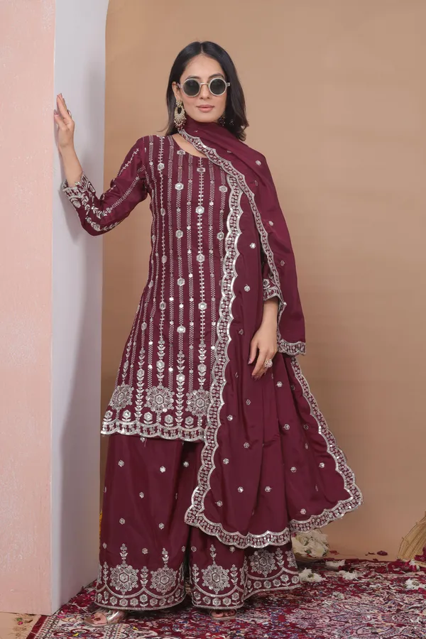 Maroon_Embroidered_Kurti_Sharara_Set_With_Dupatta