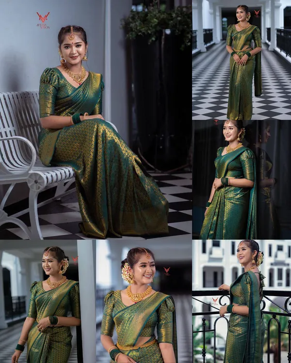 Dark_Green_Elegant_Banarasi_Silk_Saree_With_Golden_Zari_Work