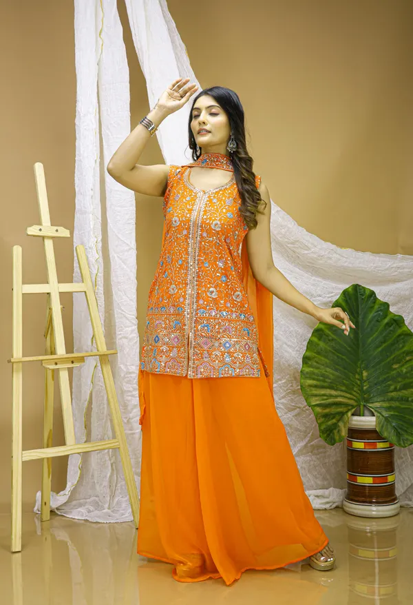 Orange_Embroidered_Kurti_Sharara_Set_With_Dupatta