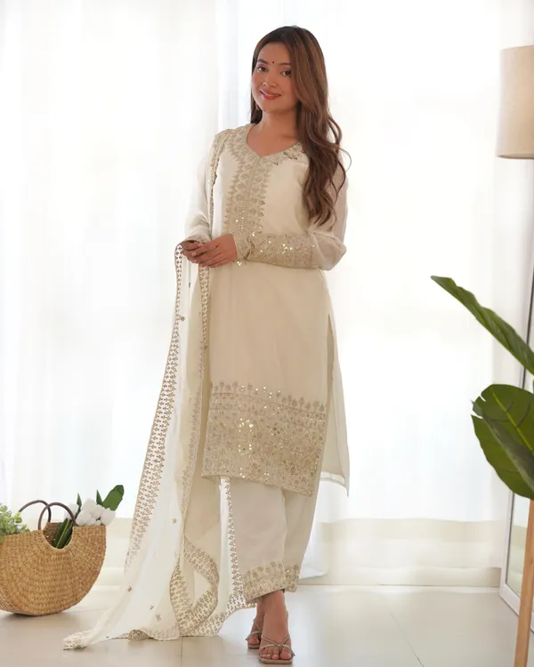 Cream_Elegant_Embroidered_Kurta_Pant_Set_With_Dupatta