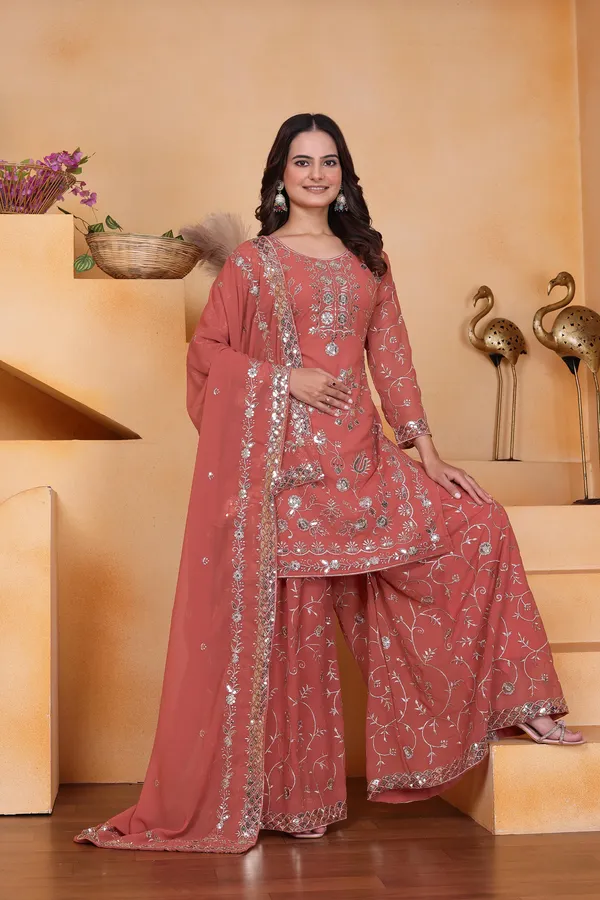 Mocha_Brown_Embroidered_Kurti_Sharara_Set_With_Dupatta