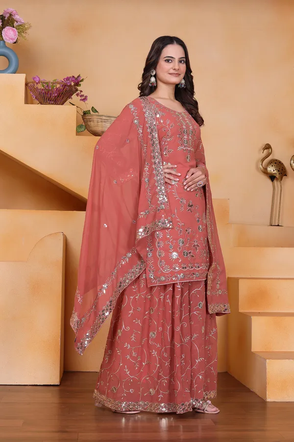 Mocha_Brown_Embroidered_Kurti_Sharara_Set_With_Dupatta