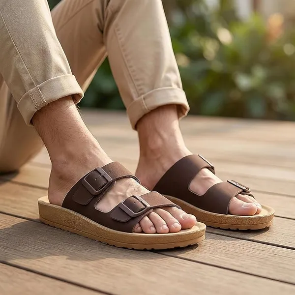Brown_Synthetic_Leather_Upper_Eva_Midsole_Rubber_Outsole_Flat_Slip-on_Sandals_For_Men