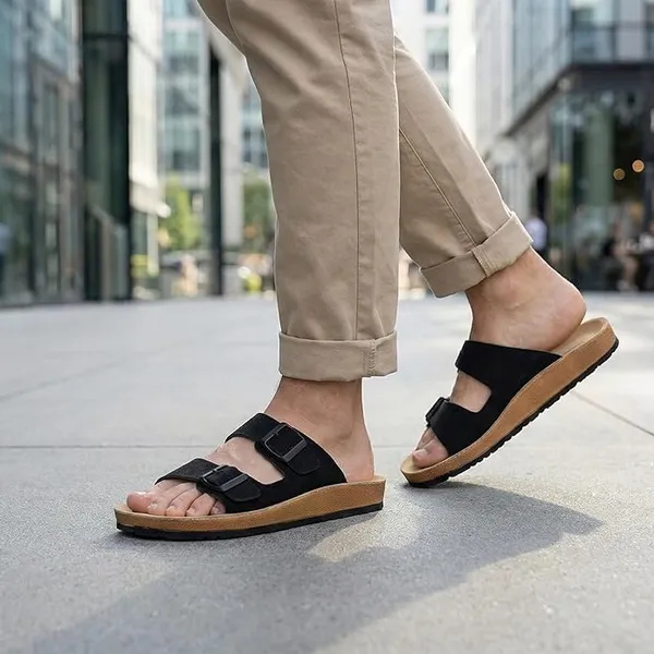 Black_Synthetic_Leather_Upper_Eva_Midsole_Rubber_Outsole_Flat_Slip-on_Sandals_For_Men