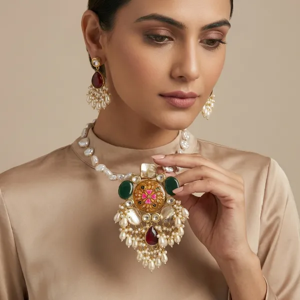 Multicolor_Gold_Plated_Brass_Necklace_Set_With_Pearl_Jhumkas_For_Women