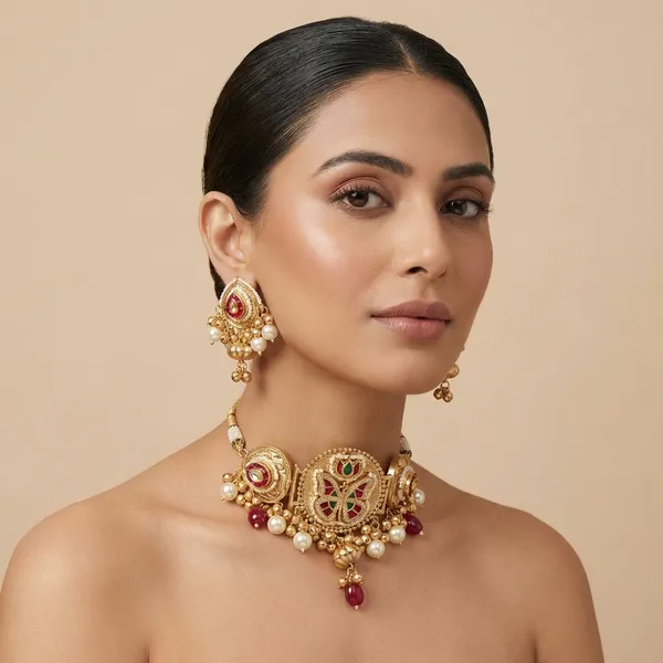 Multicolor_Gold_Plated_Brass_Choker_Necklace_Set_For_Women